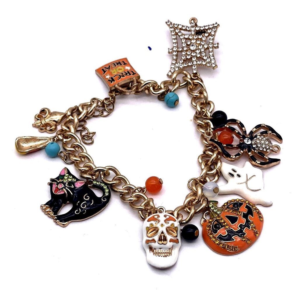 Halloween Candy Charm Enamel Rhinestones Chunky Chain Bracelet Gold Tone